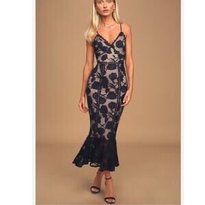 Lulus Alluring Dream Navy Floral Mesh Lace Trumpet Midi Dress Sz Small S